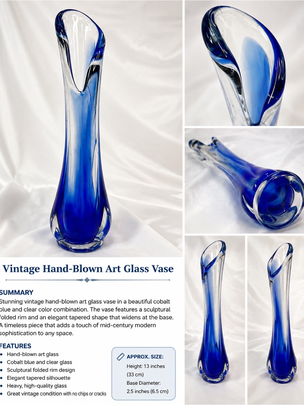Vintage Hand-Blown Cobalt Blue Art Glass Vase - Elegant Sculptural Design